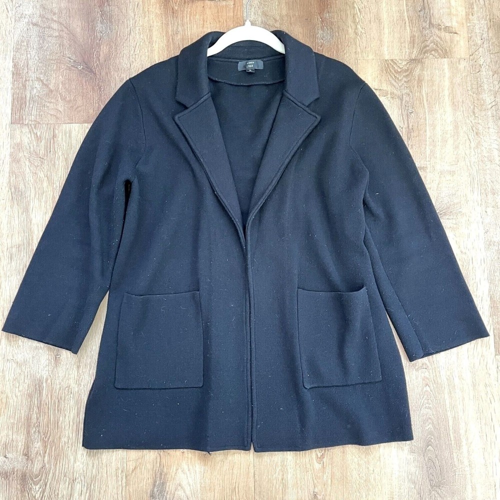 J Crew 365 Sophie Sweater Blazer Womens Large L Black Wool Blend Open Front